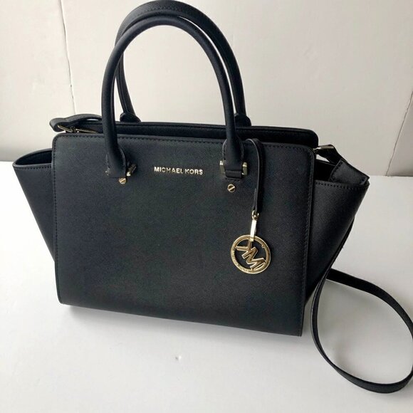 MK MICHAEL KORS SELMA Saffiano Leather Black Gold detach strap 12.5 x 9 x 4.5" - Picture 7 of 16